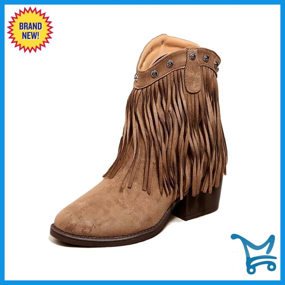 Suede Fringe Western Ankle Boots Women Retro Studded Pointed Toe Chunky Heel
